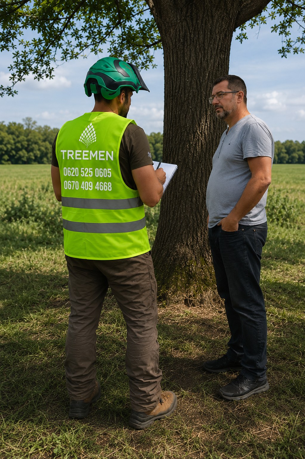 Treemen munkatárs zöld mellényben helyszíni felmérésen egy ügyféllel