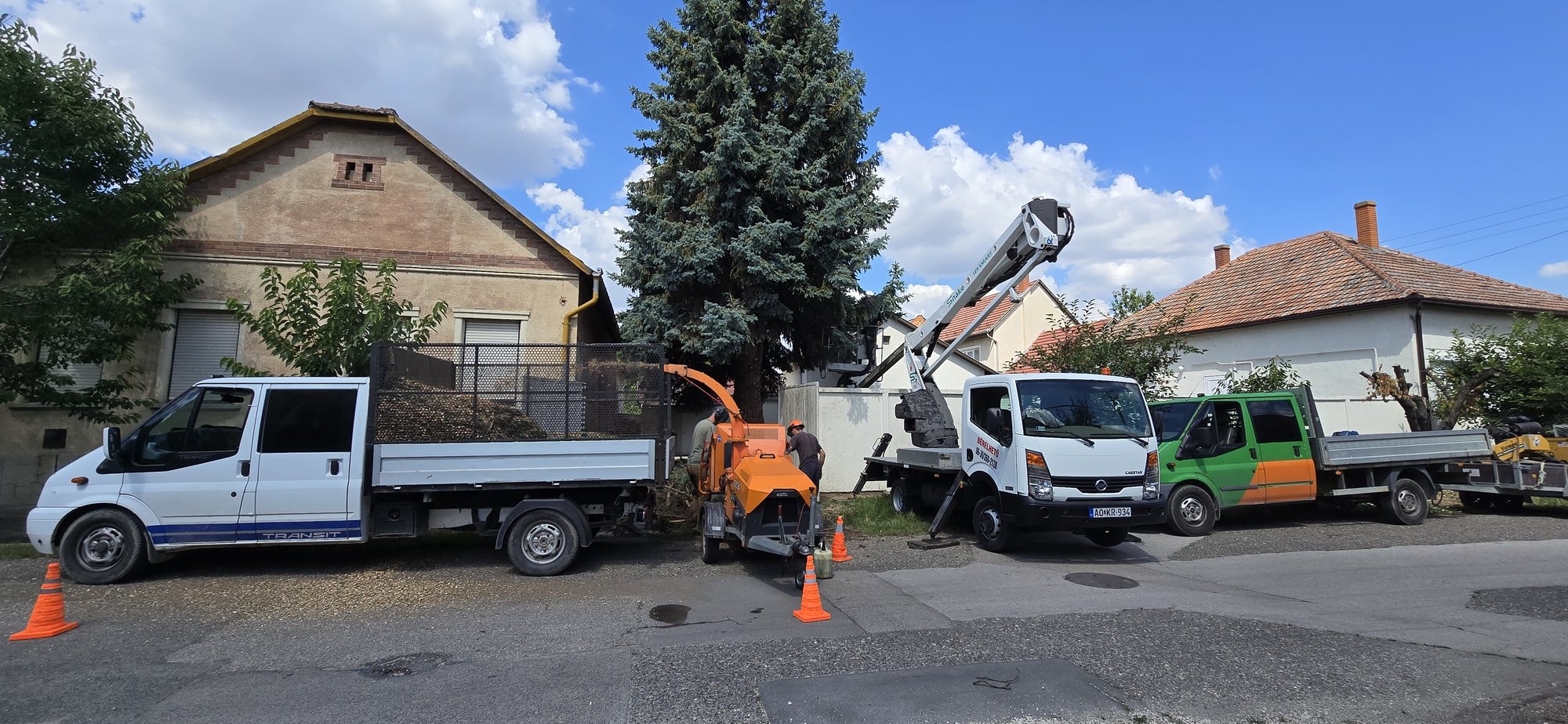 A Treemen gépparkja egy sorban: platós teherautók, faaprító gép és emelőkosaras jármű